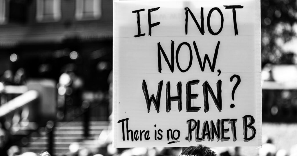 Sign that reads "If not now, when? There is no planet B" during a climate change protest
