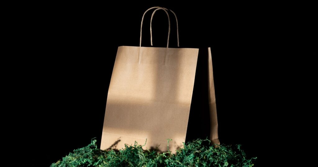 brown paper bag on green moss with black background, sustainable packaging