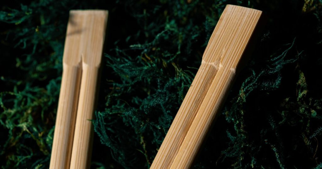 close-up of chopsticks on green moss, sustainable packaging for consumers